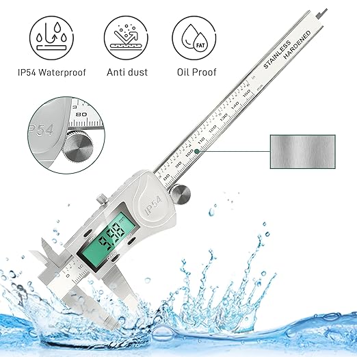 Digital Caliper Measuring Tool, IP54 Waterproof Electronic Micrometer Caliper, Stainlee Steel Vernier Caliper Measuring Tool with Large LCD Screen, Inch Metric Conversion, 6 Inch for Household/DIY