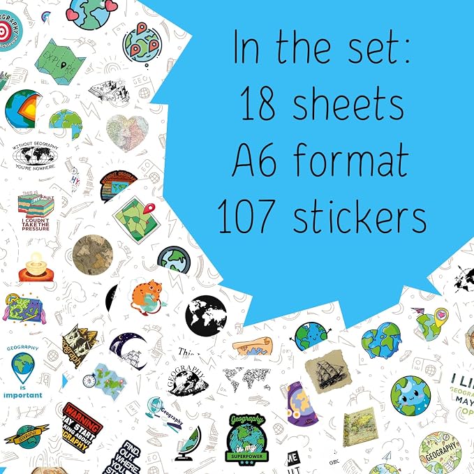 BulbaCraft 100Pcs Geography Stickers for Water Bottle and Laptop - Geography Party Supplies & Decorations, Waterproof Vinyl Decals, Maps and Landmarks Stickers, Gifts for Women & Men