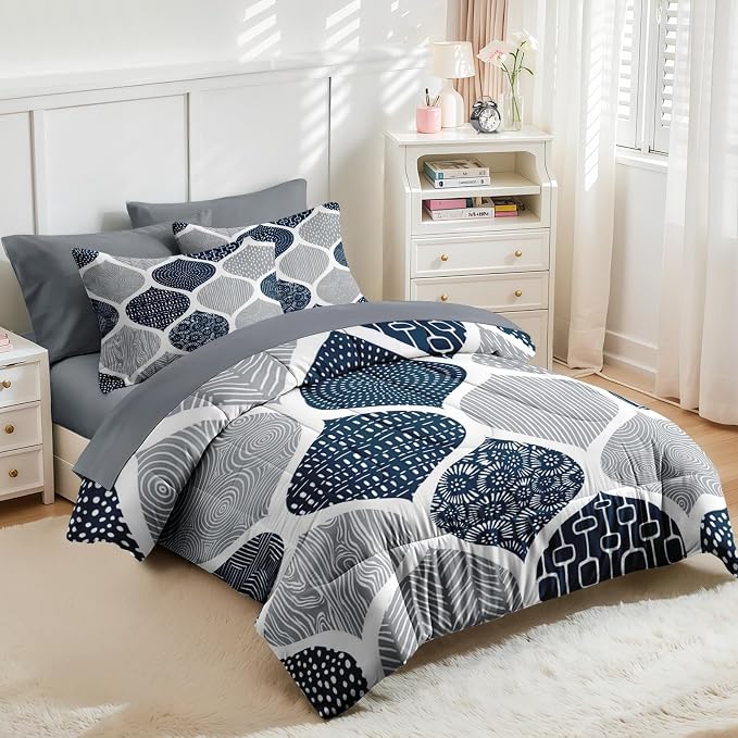 Nesker Comforter Set Full Size, Boho Bohemian Abstract Blue Gray 7 Pcs Bedding for Kids and Adults, Indigo Geometry Grey Bed Sheet Sets with Fitted Sheet 2 Pillowcases & 2 Shams