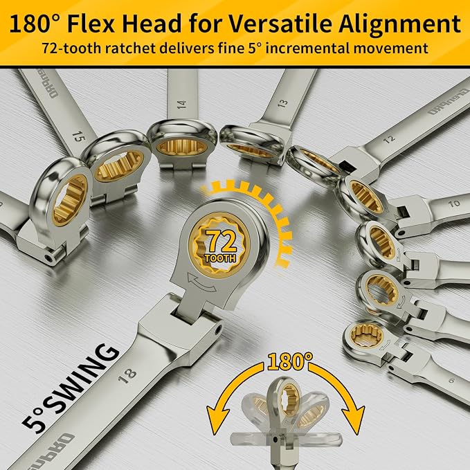 GRENPRO 23PC Flex Head Ratcheting Wrench Set Metric&SAE OpenEnd Combination | 1/4"-3/4"&6-18MM Bolt Gauge, Gray Nickel CR-V 72-Tooth 5-Degree Swing 12Pt Color Rings, Storage Box For Auto & Home Repair