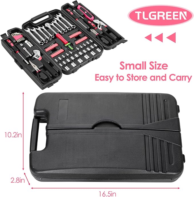 TLGREEN 95-Piece Home Tool Set with Storage Case, Pink | Wrench, Pliers, Sockets And Bits in One Case; Household Maintenance, Apartment Projects And DIY Repairs
