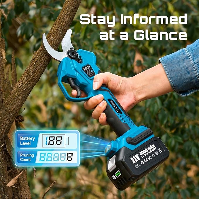 SEESII Electric Pruning Shears Cordless: Up to 1.6" Cutting Diameter Power Pruner - 2 Pcs 4.0Ah Batteries, Brushless Motor, Extra SK5 Blade, 4 Modes Adjustable Branch Cutter for Tree Flower Trimming