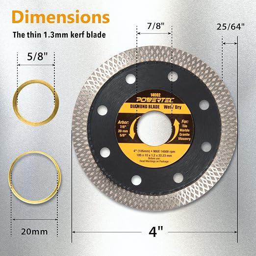POWERTEC 4 Inch Diamond Saw Blades for Handheld Tile Saw & Angle Grinder 1 Pack, Super Thin Turbo Mesh Rim Tile Blades for Cutting Porcelain, Granite Tile & Ceramic Tile, 4" Diamond Blades (14002)