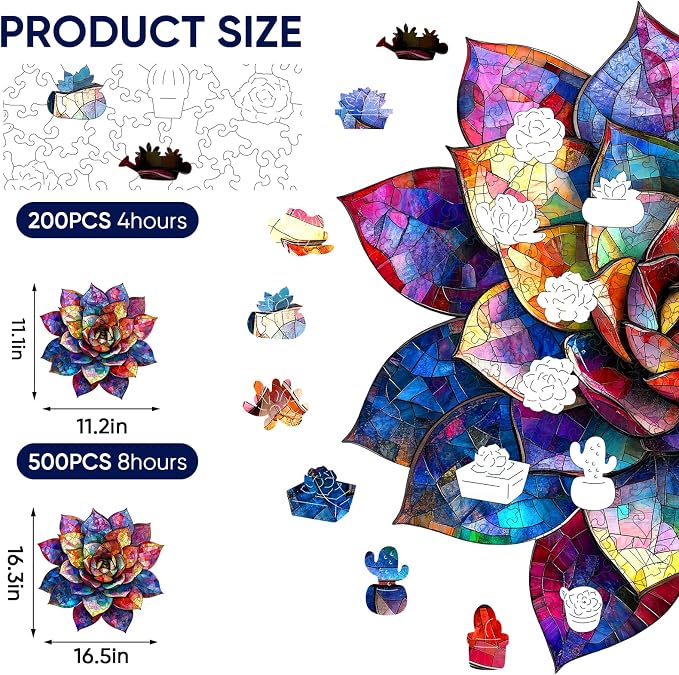 Delobil Wooden Puzzles for Adults 500 Pieces, Stained Glass Succulent Jigsaw Puzzles, Unique Shaped Plant Puzzle Gift for Kids, Family Puzzle Game, 16.5 x 16.3 Inches