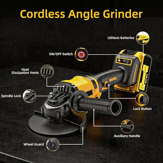Cordless Angle Grinder: 4-1/2 Inch Brushless Battery Grinder Tool with 2X 4.0Ah Batteries＆Charger, Power Angle Grinders for Cutting, Rust Removal, Grinding, and Polishing