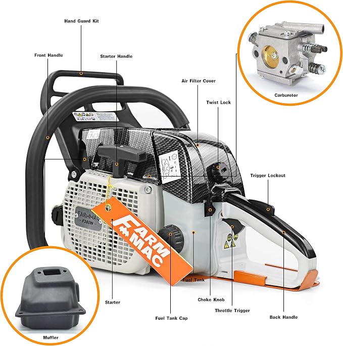 F380W 72cc 2-Cycle Gasoline Power Chain Saws, 3.6KW 4.8HP Gas Chainsaw Fit for 24/25/28 inch Bar, All Parts Compatible with MS381 MS380 038 Neotec 872I without Bar