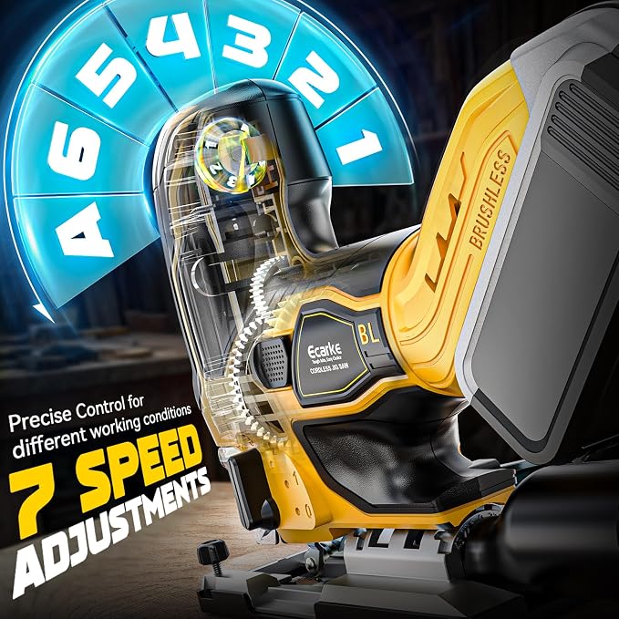 Ecarke Cordless Jig Saw Compatible With Dewalt 20V, Brushless Motor 3800RPM, 7 Speeds Dial Control, Free-Tool ±45° Bevel Cuts, 4 Orbital Action, Dust Blows and 6 Blades For Cutting, Tool Only