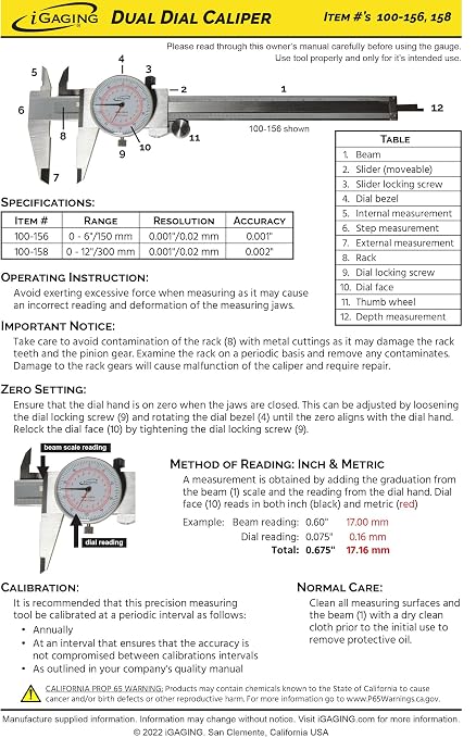iGAGING Dial Caliper, Dual Reading Scale, Metric and SAE Standard Measurement (100-158)