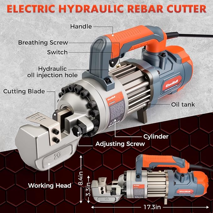 3/4" Electric Hydraulic Rebar Cutter, 1.5-2S Cutting Speed, Portable, Cuts 4-20mm #6 Rebar, 1050w, 120v/60hz. (Grey+Orange)