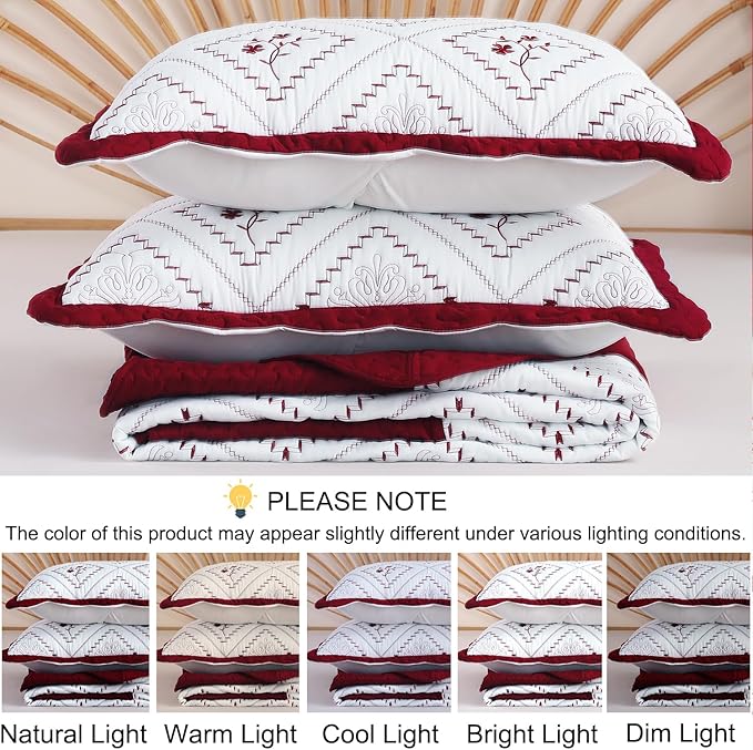 Cmfshape Floral Embroidery Quilt Set,3 Pieces California King Quilt Bedding Set,Classic Diamond Pattern Quilts,Ultra Soft Lightweight Reversible Bedspread Coverlets for All Season(Burgundy,114"x102")
