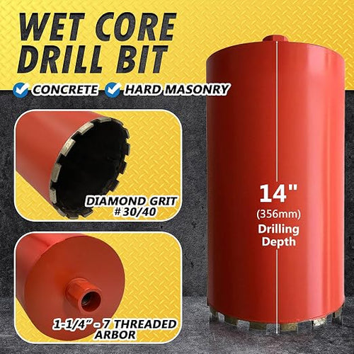 10" Wet Drill Core Bits for Concrete and Hard Masonry, 10mm Segment Height, 14" Drilling Depth, 1-1/4"-7 Arbor, Wet Only