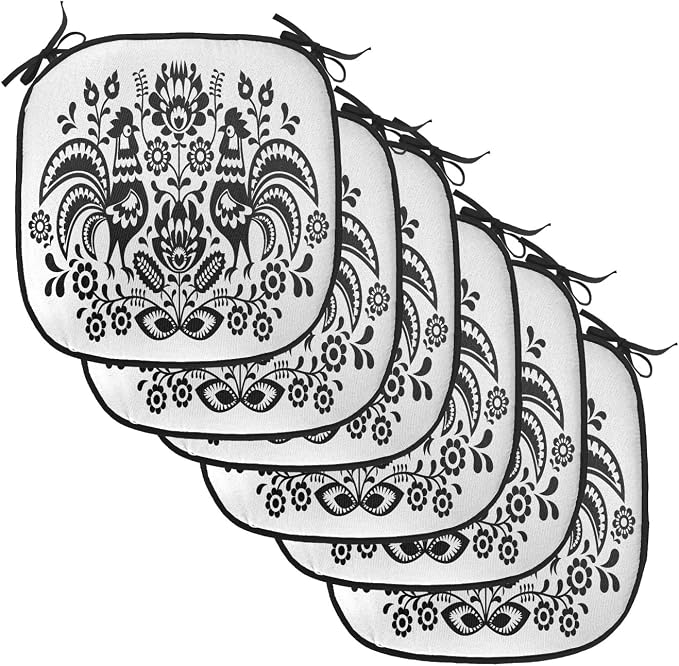 Lunarable Gallus Chair Cushion Pads Set of 6, Polish Floral Design with Roosters Traditional Folk Pattern Easter Celebration, Anti-Slip Seat Padding for Kitchen & Patio, 16"x16", White and Black