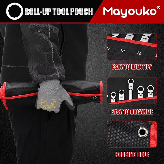 Mayouko 16-Piece Flex-Head Ratcheting Combination Wrench Set, Metric 6-22mm, 72-Teeth, CR-V Steel, With Rolling Pouch