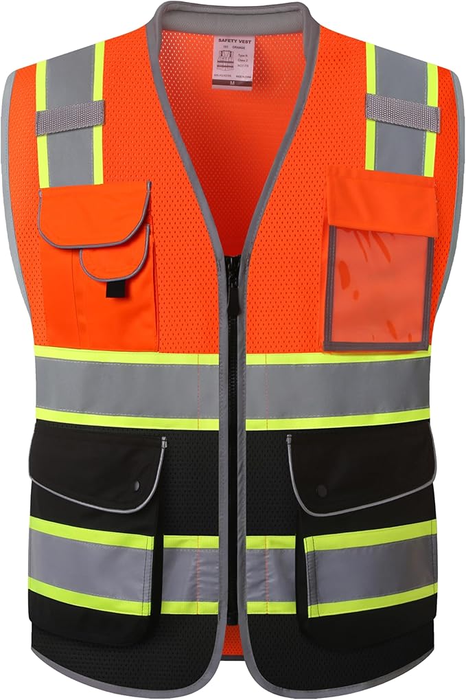 JKSafety 9 Pockets Hi-Vis Safety Vest High Visibility Reflecitive Mesh Safety Vests for Men and Women Cushioned Collar Work Utility PPE Work Gear ANSI/ISEA compliant Class 2 (101-OBlk XXL)