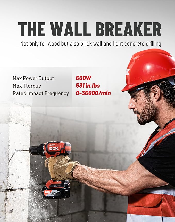 DCK 20V Brushless Hammer Drill, 531 in.lbs, 36000 BPM, 1/2" Keyless All-Metal Chuck, 4.0Ah Battery, 22+1+1 Clutch, Impact Drill Kit for Drilling Brick Wall, Metal, Wood, KDJZ05-13 (Renewed)