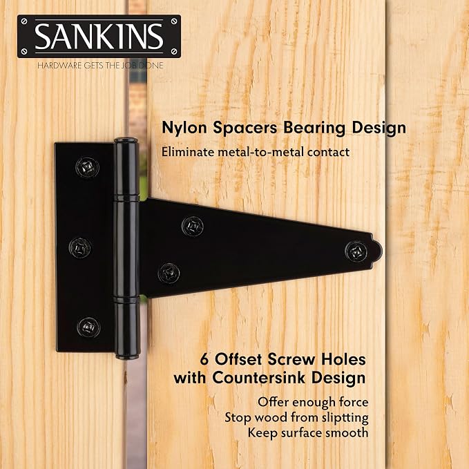 4 Inch T-Strap Shed Door Hinges Heavy Duty, Black Tee Gate Hinges for Wooden Fences, Yard Door, Barn Door Gates, Wrought Hardware Rustproof, 2Pack