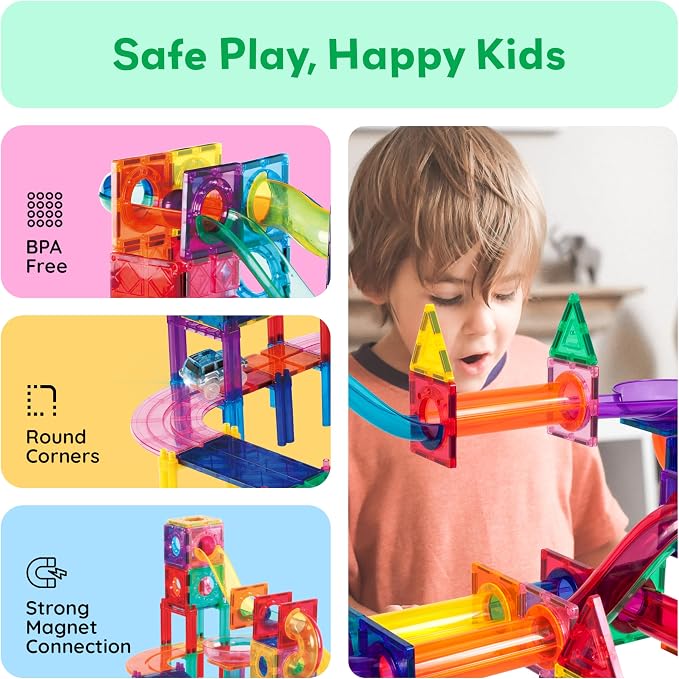 PicassoTiles 108 Pcs Marble Run with Race Track Set with Magnetic Tiles Cars and Marbles STEM Learning Toy 3-in-1 Building Construction Kit for Indoor Activity Development Boys & Girls Ages 3+ PTG108