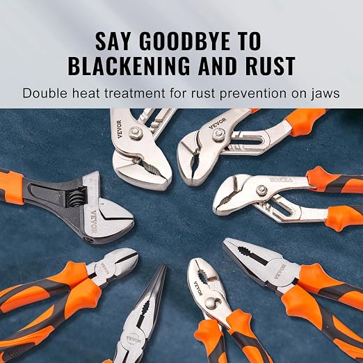 VEVOR 8-Piece Pliers Set with Tool Roll, High Carbon Steel-12"/10"/8" Groove Joint -8"Linesman's -6" Slip Joint Pliers-8" Long Nose Pliers-6" Diagonal Cutter-10" Adjustable Wrench