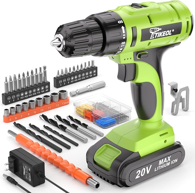 20V Cordless Drill Set with 1.5Ah Battery & Charger, 2-Speed Power Drill, Pure Copper Motor, 250 In-lbs, 3/8" Keyless Chuck, Tool Kit for Garage & DIY (Green)
