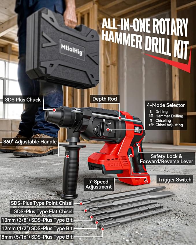 MtiolHig 1" SDS-Plus Cordless Rotary Hammer Drill Compatible with Milwaukee 18V Battery, 3J Impact Energy Brushless Motor, 7-Speed Variable 4-Mode with 5 Chisel/Bit Set for Concrete/Masonry, Tool Only