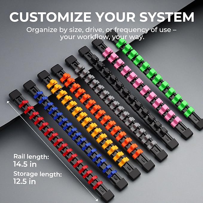 Reniteco 9-Pack Socket Organizer Set, 1/4" x 48 3/8" x 45 1/2" x 36 Clips | 129 Clip Capacity, Havy-Duty ABS Socket Rails, Removable Clips, Drive Socket Storage, Toolbox Drawer or Wall Mount