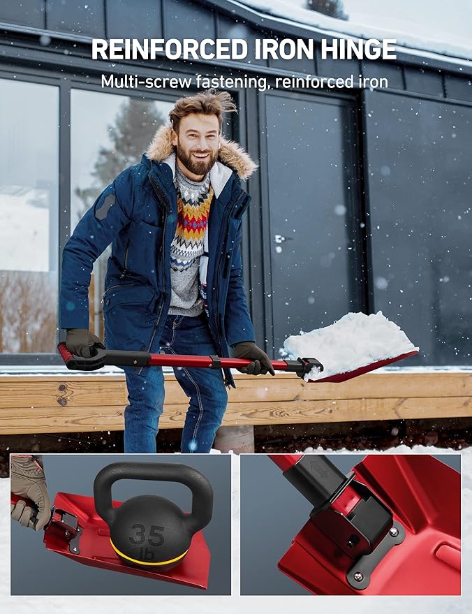 AstroAI 38.4" Foldable Snow Shovel for Car, Retractable Snow Shovel with Thickened Aluminum Handle and Reinforced Iron Hinge, Portable and Multi-Functional for Driveway, Cars, Camping and Slush,Red