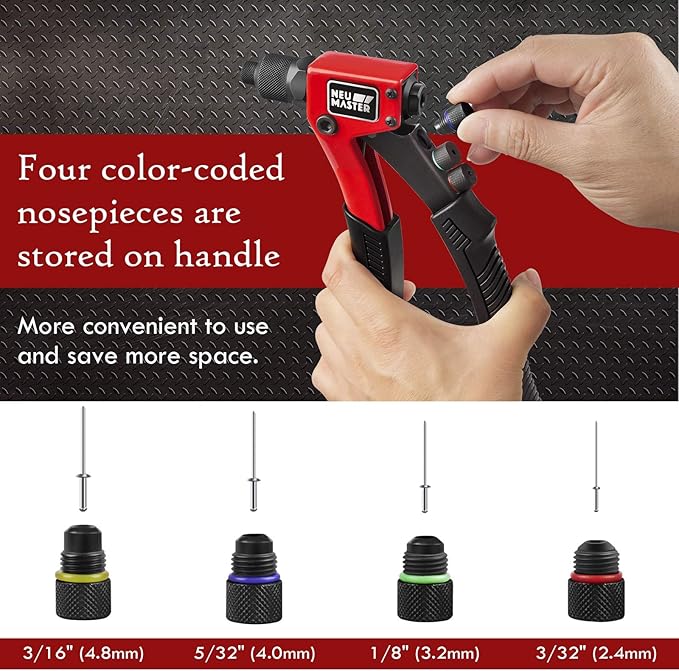 NEU MASTER Rivet Gun with 200Pcs Rivets, Manual Rivet Gun Kit with 4 Tool-Free Interchangeable Rivet Heads, BMC Case, Heavy Duty Single Hand Riveter for Plastic, Metal, Leather