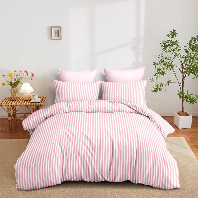 Sedefen Striped Duvet Cover Queen Size Pink Stripe Bedding Set for Girls 3 Pieces Soft Breathable Microfiber Reversible Geometric Stripes Duvet Cover Set with Zipper Closure and 2 Pillowcases