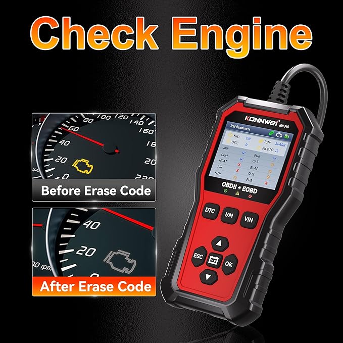 KONNWEI KW340 OBD2 Scanner Car Engine Fault Code Reader 2.8'' Color Screen Automotive Diagnostic Scan Tool with Battery Test, I/M Readiness, One‑Click DTC/VIN for All OBDII EOBD Vehicles 1996+