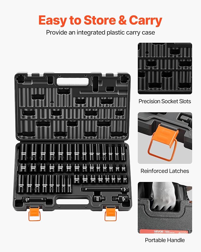 VEVOR Impact Socket Set, 3/8" Drive, 48-Piece Socket Set, 6-Point Sockets, SAE 5/16"-3/4" and Metric 8-19 mm, 21-22 mm, Easy to Identify, Cr-V Alloy Steel, Extension Bar, Adapter and Storage Cage | SAE (5/16" to 3/4") & Metric (8-22 mm), 6 Point, CR-V,...