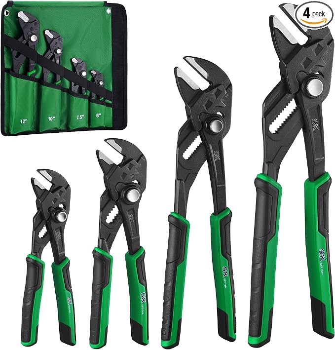 SK Pliers Wrench Set, Adjustable Parallel Smooth Jaw, 6'', 7.5'', 10''&12'' | 4-Piece Water Pump Pliers, Groove Joint Pliers, Premium CR-V Steel, Ergonomic Anti-slip Handle, with Rolling Pouch