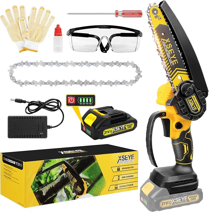 XSEYE Mini Chainsaw Cordless 6", Battery Powered Handheld Chain Saws, Small Electric Saw for Wood Tree Cut Gardening Tools, Dad Mens Birthday Ideas, Day Gifts for Him Husband Valentines Anniversary