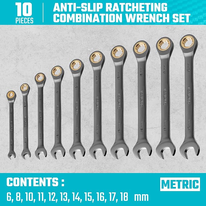 DURATECH Anti-Slip Ratcheting Wrench Set, 10-Piece, Metric 6-18mm | Combination Wrench Set, 72-Tooth, Nickel Plating, CR-V Steel, With Pouch