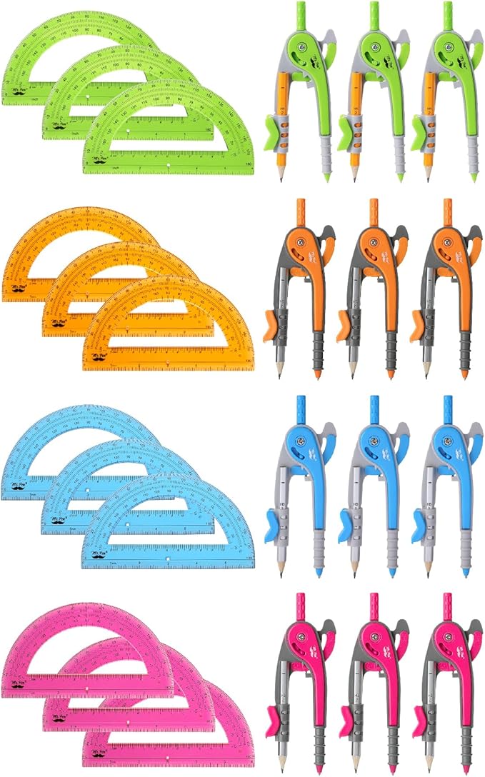Mr. Pen- Geometry Compass and Protractor Set, 12 Sets, 6 Inch Compass, 6 Inch Protractor, Bulk Drawing Tool for School, Clear Plastic, Easy Grip, Precision Design for Math, Art, Drafting, Architecture