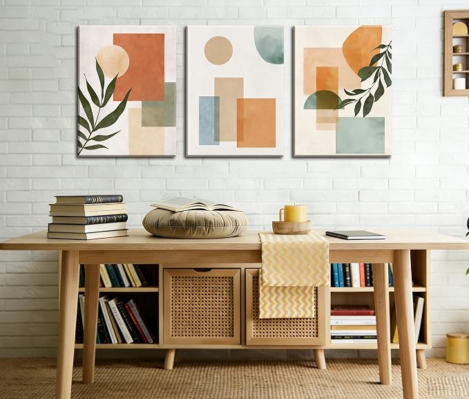 Frimeeme 3 Piece Boho Sun Canvas Wall Art, Geometric Botanical Framed Wall Decor, 12x16 Inches, Wall Art for Bedroom Living Room