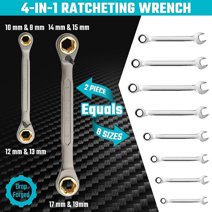 DURATECH Anti-slip 4-in-1 Reversible Ratcheting Box Wrench Set | Double Box End, Metric, 2-Piece, 8, 10, 12, 13 & 14, 15, 17, 19 mm, CR-V Steel, Nickel Plated, with Rolling Pouch