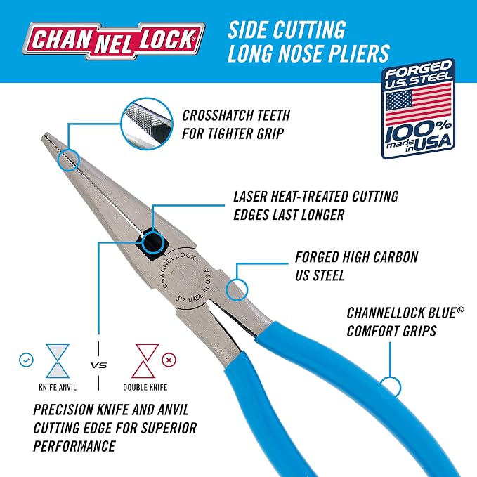 Channellock 317 8-Inch Long Nose Plier with Side Cutter | Needle Nose Pliers with Knife and Anvil - Style Side Cutter | Crosshatch Jaw Forged from High Carbon Steel for Maximum Grip on Materials | Specially Coated for Rust Prevention | Comfort Grips , ...