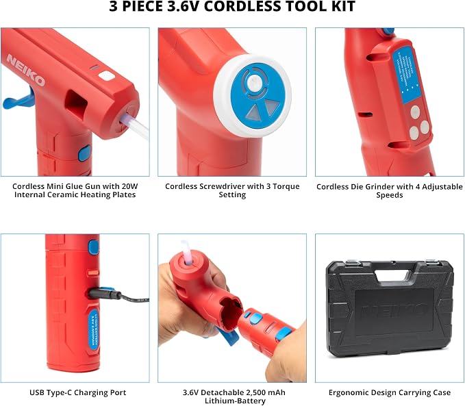NEIKO 10583A Cordless Tool Set 3.6V Electric Rotary Tool, 46pc Accessory Kit, 20W Hot Glue Gun, 20 Glue Sticks, 34pc Cordless Electric Screwdriver Set, USB Charging Cord & Quick Change Features