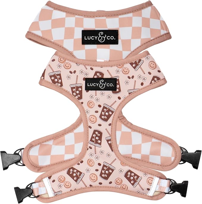 Lucy & Co. Reversible Dog Harness - Water-Repellent Neoprene, Dual-Print Design, Easy Swap Style, Adjustable Comfort Fit - Iced Coffee SZN Reversible Harness - Small