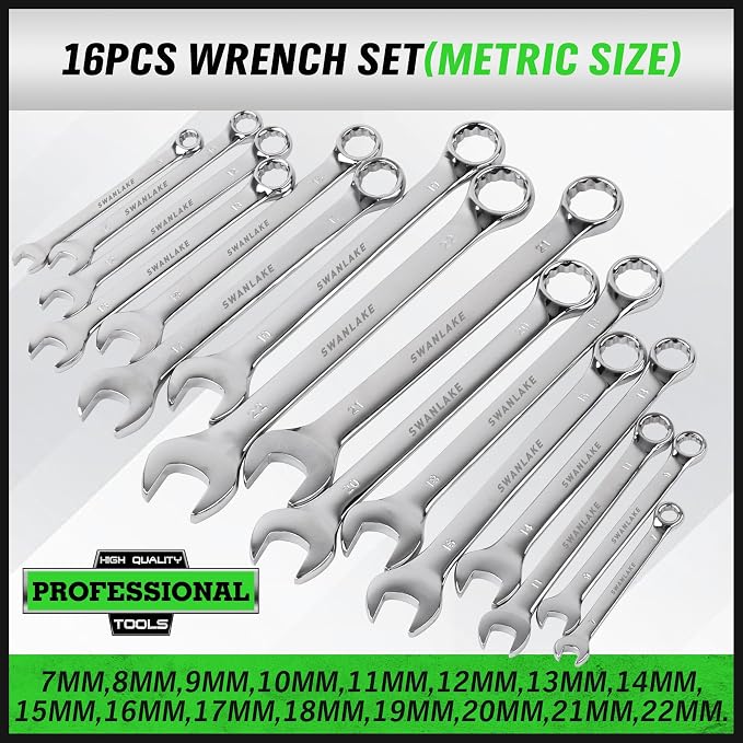 SWANLAKE 32-Piece Combination Wrench Set, SAE and Metric, 1/4"-1" & 7mm-22mm, 12 Point, Chrome Vanadium Steel