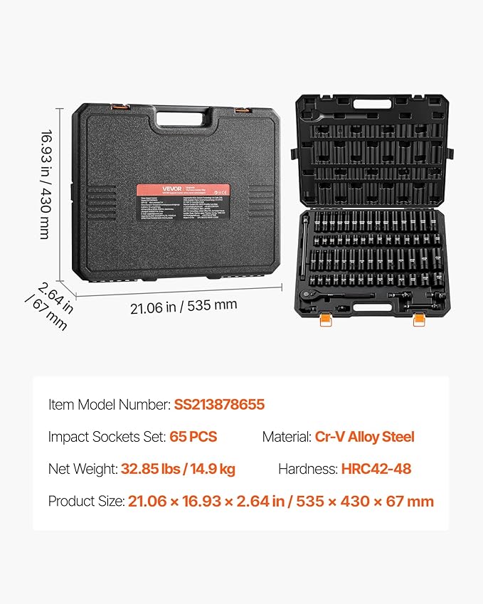 VEVOR 65-Piece 1/2" Drive Impact Socket Set, SAE (3/8" to 1-1/4") & Metric (10 to 24 mm), CR-V, Deep & Shallow, 6 Point, Ratchet Handle, Universal Joint, Adapters, Extension Bars (3, 5, 10 in)