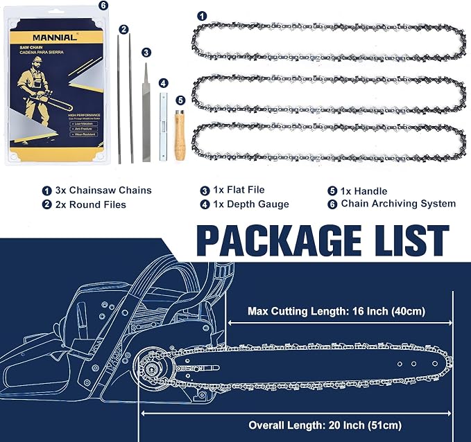 3 Pack 16 Inch Chainsaw Chain 3/8"LP .043" 56DL Fits Milwaukee, Ego, Dewalt