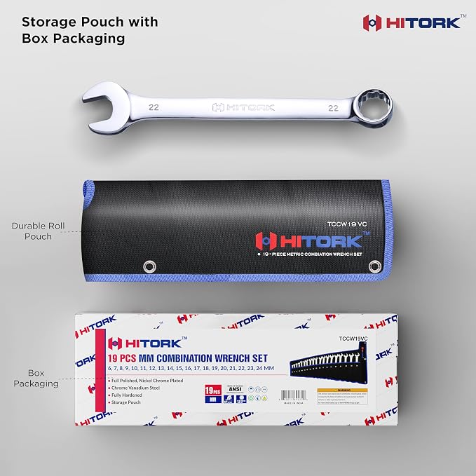 HITORK 19 Piece Metric Combination Wrench Set, 6-24 mm, CR-V, Storage Pouch | Mirror chrome finish, 15° Offset box ends and organized roll up storage improve access, control automotive repair work
