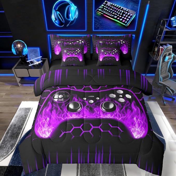 Erosebridal Boys Gaming Bed in a Bag Queen Comforter Set 7 Piece Ombre Art Honeycomb Bedding Set Purple Neon Lights Sheet Set Game Console Bed Set Geometric Hexagon Beehive Gaming Room Decor