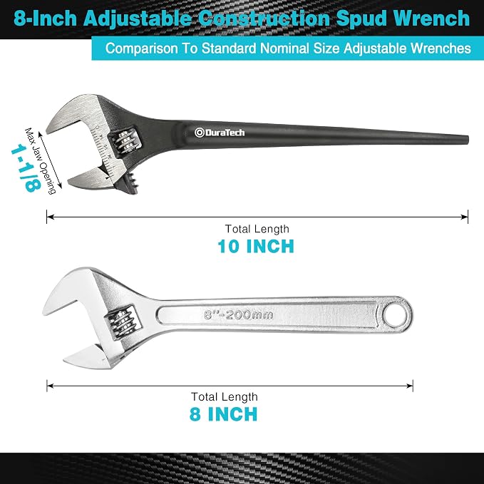 DURATECH 8-Inch Adjustable Construction Spud Wrench | Black Oxide Finish, CR-V Steel, SAE and Metric Scale Marked, Alignment Holes and Tail Crowbar Features
