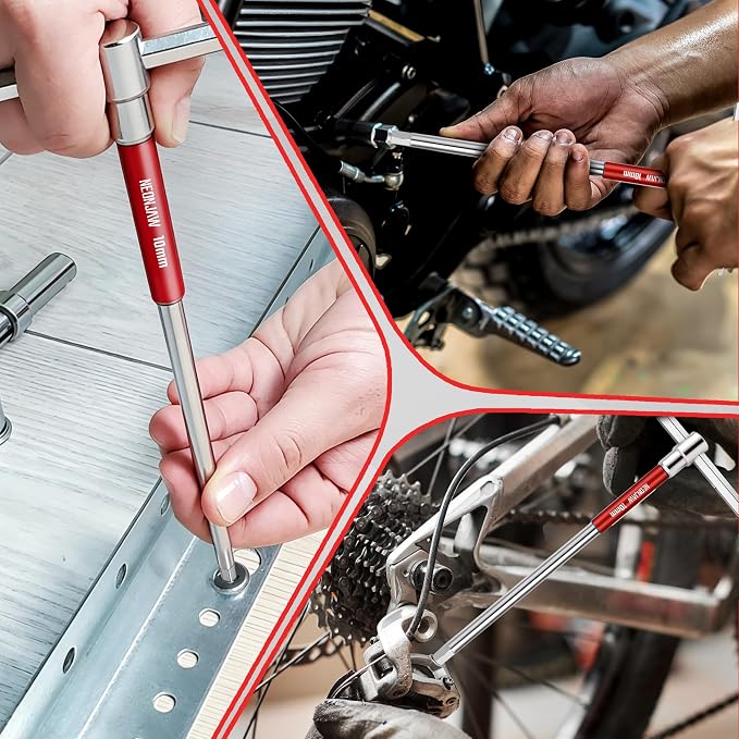10pcs T-Handle Hex Allen Key Wrench Set 10mm 8mm 6mm 5mm 4.5mm 4mm 3.5mm 3mm 2.5mm 2mm with 3-Way Sliding Handle, Spinning Sleeve, Steel Storage Rack for DIY, Mechanics, Red