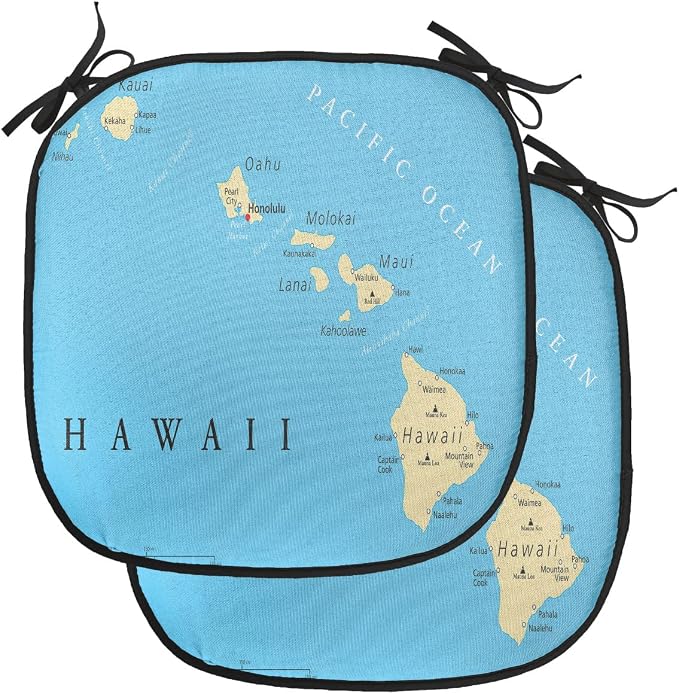 Lunarable Hawaiian Chair Cushion Pads Set of 2, Map of Hawaii Islands Capital Honolulu Borders and Important Cities, Anti-Slip Seat Padding for Kitchen & Patio, 16"x16", Blue Ivory Black