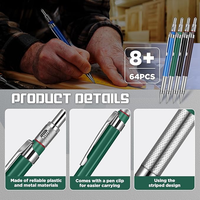 Nezyo 4 Pieces Welder Pencil with 60 Pieces Round Refills Mechanical Pencil Metal Marker Pen for Construction Workers, Metal Work, Welders, Plumbers, Framers (Black, Blue, Green, Silver)