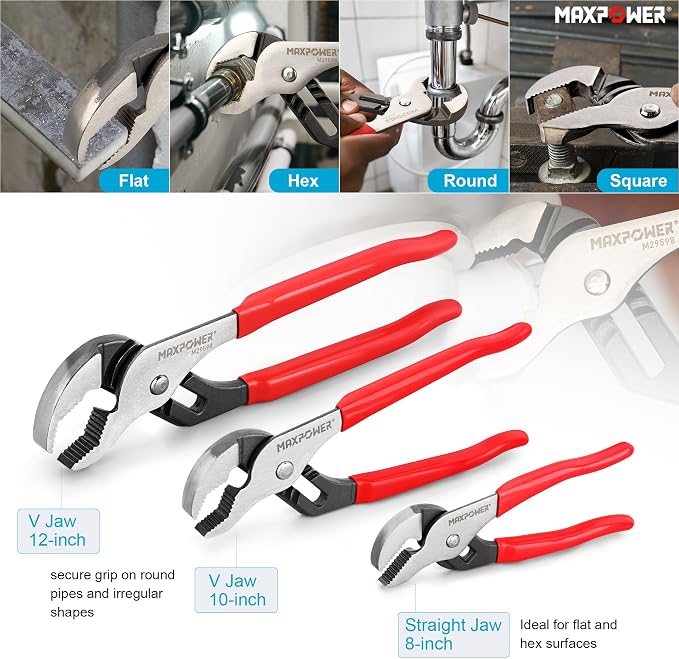 MAXPOWER 8" 10" 12" Groove Joint Pliers, Jaw Opening 1-1/16", 2", 2-3/8" | 3-Piece Tongue & Groove Pliers Set, Fast Adjustment, Non-Slip Grip, Ideal for Plumbing, Automotive, and DIY