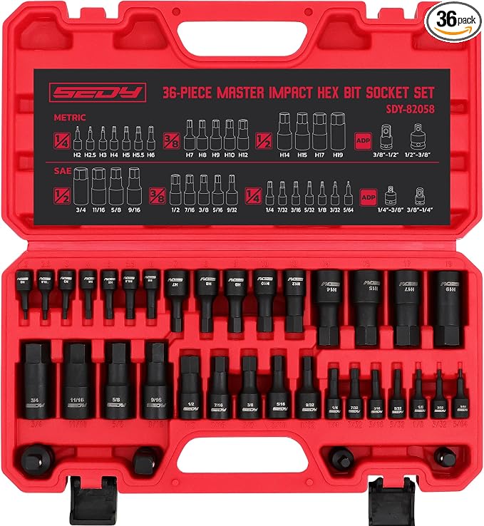 Hex Bit Impact Socket Set: 36-Piece with 4 Adapters, 1/4" 3/8" 1/2" Drive Master Allen Impact Socket Set, SAE and Metric, H5-H19 & 3/4"-5/64", Heavy Duty Storage Case, Automotive Mechanic